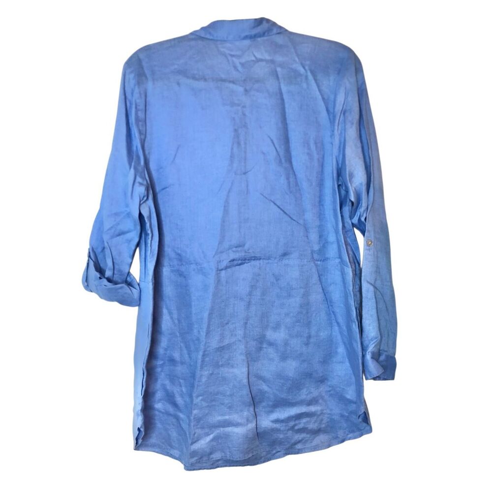 J. Jill Love Linen Blue Tunic Top Medium 100% Linen Coastal Quiet Luxury Natural - Picture 3 of 9